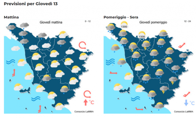 Le previsioni del consorzio Lamma per il 13 Aprile in Toscana mappa