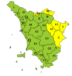 La mappa dell'allerta della Regione Toscana