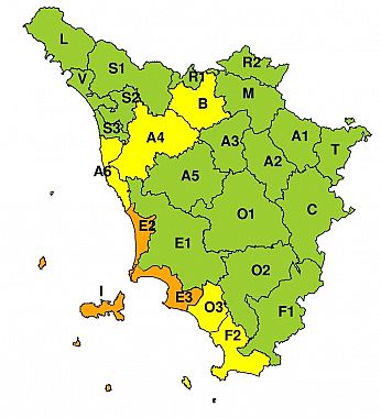 La mappa dell'allerta della Regione Toscana