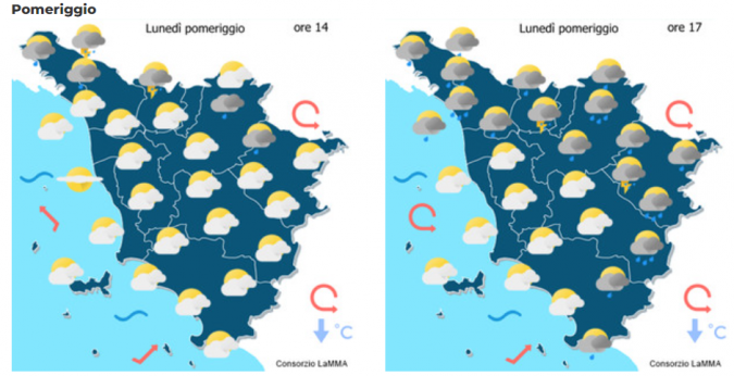 La mappa delle previsioni meteo per il pomeriggio dell'8 Maggio (Fonte: Consorzio Lamma)