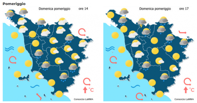 Le mappe meteo del consorzio Lamma per il pomeriggio del 2 Luglio 2023