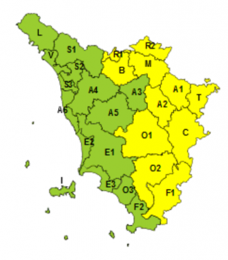 La mappa dell'allerta della Regione Toscana